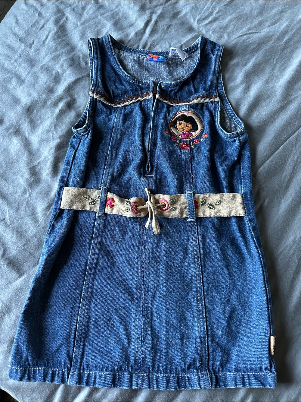 Nickelodeon Blue Denim Dora Embroidered Girls Casual Dress